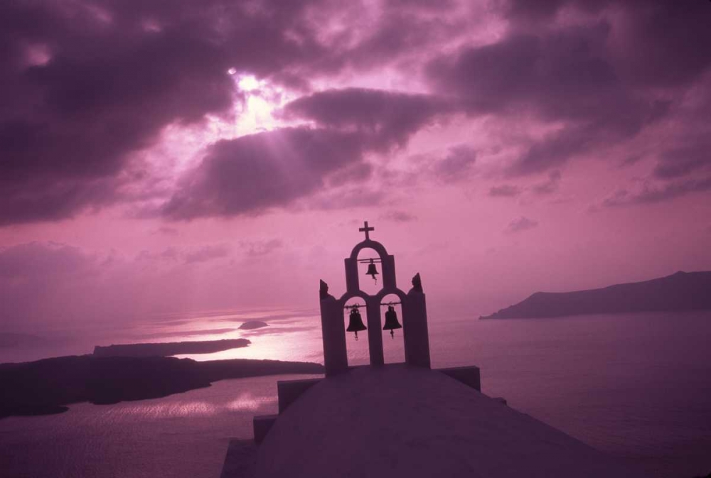 Greece, Santorini Island, Church steeple at night